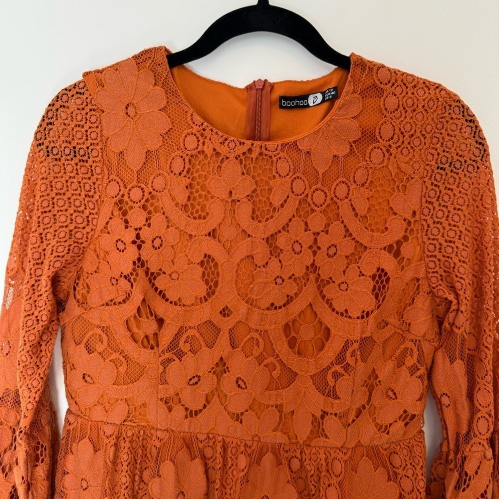 Boohoo Burnt Orange Long Sleeves Lace MiniDress Size 8 - Picture 4 of 7